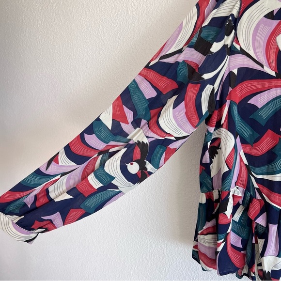 Maeve Anthropologie Cheyenne Blouse Peplum Geometric Brick Navy - Picture 2 of 15